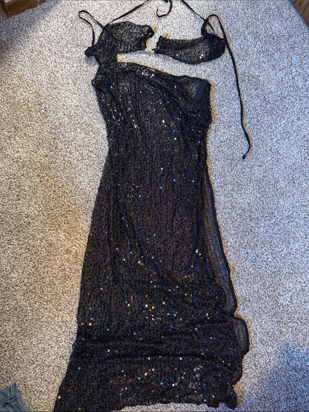 PrettyLittleThing Black Sequin Swim Coverup Maxi with Removable Halter